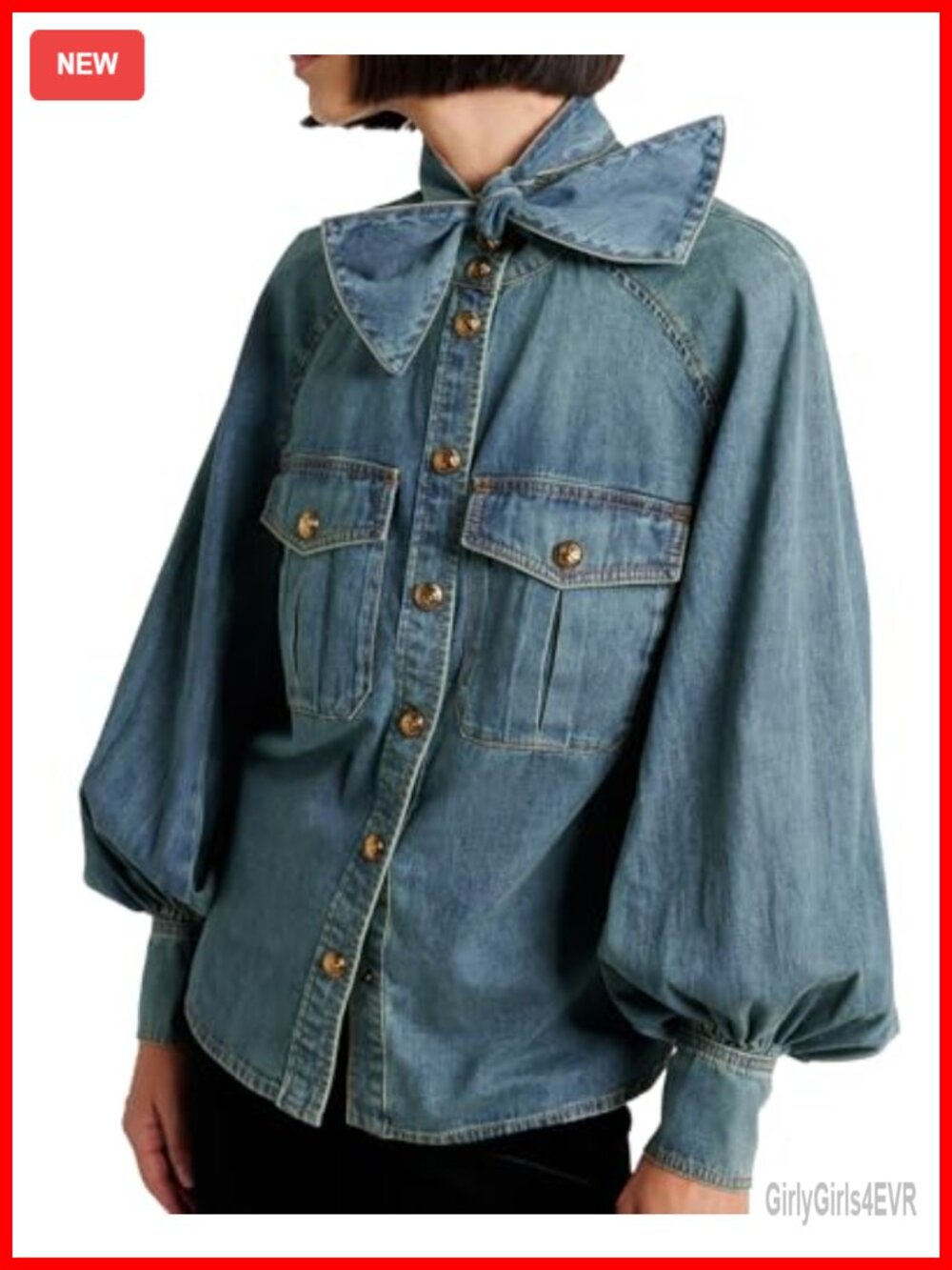 Women's Bow Denim Button Down Shirt High Neck Puff Sleeve Snap Cuffs